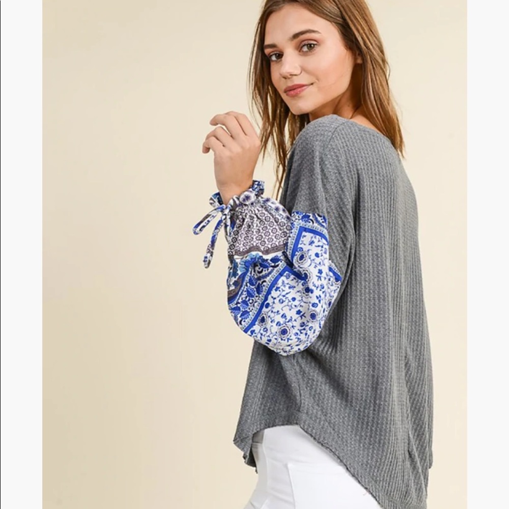 In Loom Waffle Knit Thermal Mix Print Contrast Long Sleeves Top Blouse Size L
